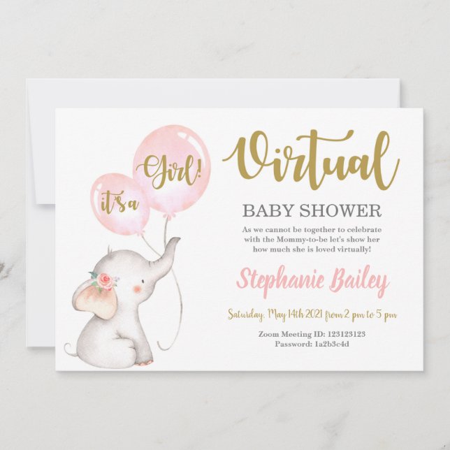Virtual elephant Baby Shower girl Invitation (Front)