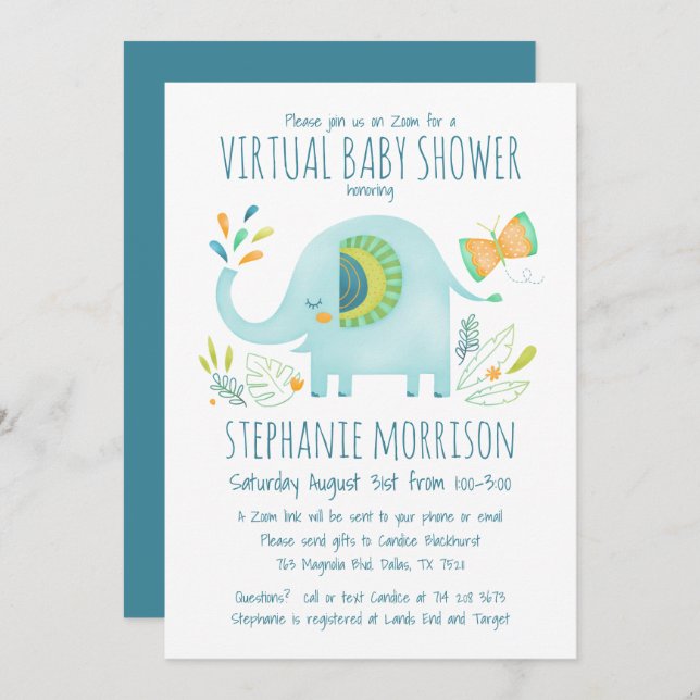 Virtual Elephant Blue Boy Cute Jungle Baby Shower Invitation (Front/Back)