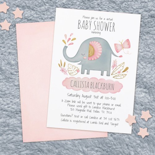 Virtual Elephant Cute Blush Pink Girl Baby Shower Invitation