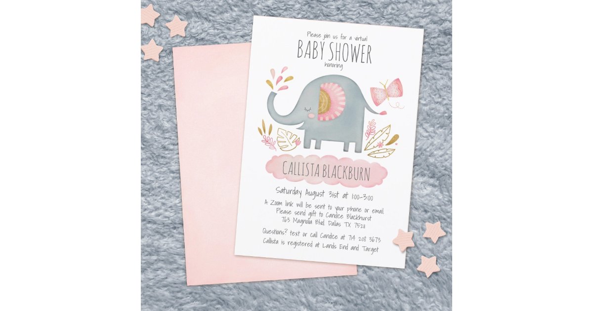 Virtual Elephant Cute Blush Pink Girl Baby Shower Invitation | Zazzle