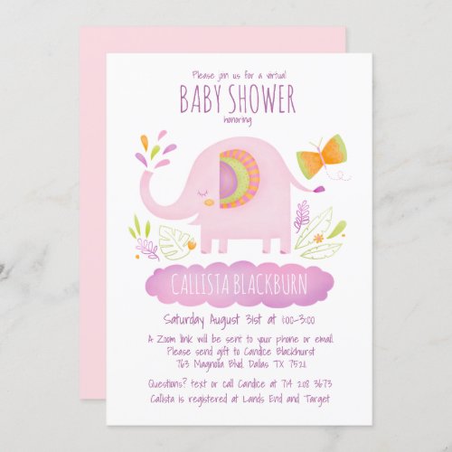 Virtual Elephant Cute Pink Girl Baby Shower Invitation
