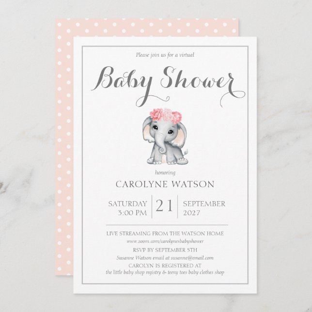 Virtual Elephant Pink Baby Shower Invitation (Front/Back)
