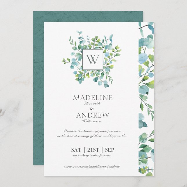 Virtual Eucalyptus Monogram Wedding Invitation (Front/Back)