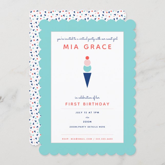 Virtual First Birthday Ice Cream Zoom Party Aqua Invitation (Front/Back)