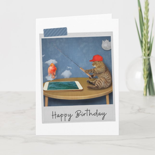 Virtual Fishing Cat Funny Birthday Card (Front)