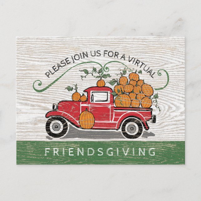 Virtual Friendsgiving Rustic Vintage Truck Pumpkin Invitation Postcard (Front)