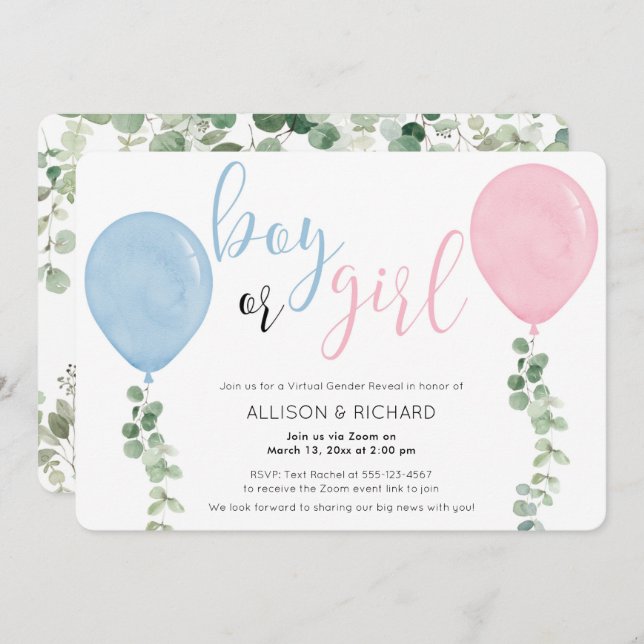 Virtual Gender Reveal blue pink balloons greenery Invitation (Front/Back)