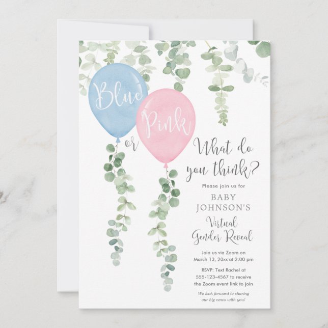 Virtual gender reveal Blue pink balloons greenery Invitation (Front)