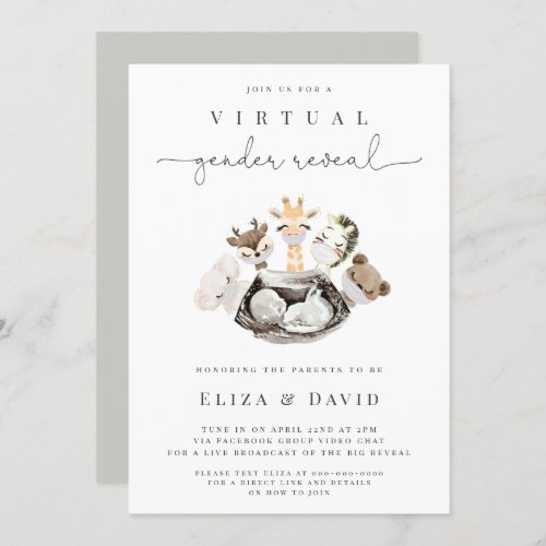  Virtual Gender Reveal He or She Animals Faux Gold Invitation