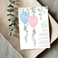 Virtual gender reveal Modern eucalyptus balloon Invitation