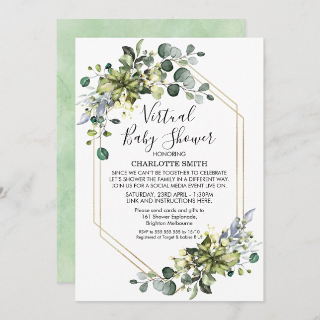 Virtual Geometric Foliage Baby Shower Invitation (Front/Back)