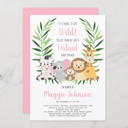 Virtual Get Wild Safari Pink Baby Girl Shower Invitation