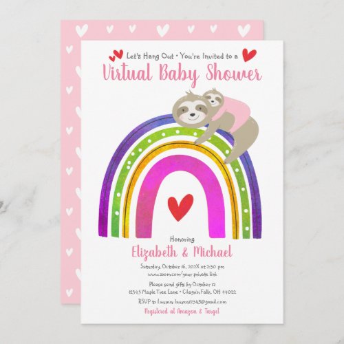 Virtual Girl Baby Shower Cute Sloths Boho Rainbow Invitation