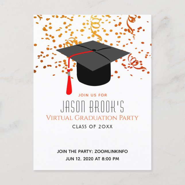 Virtual Graduation Party | Confetti Graduation Cap Invitation Postcard (Front)
