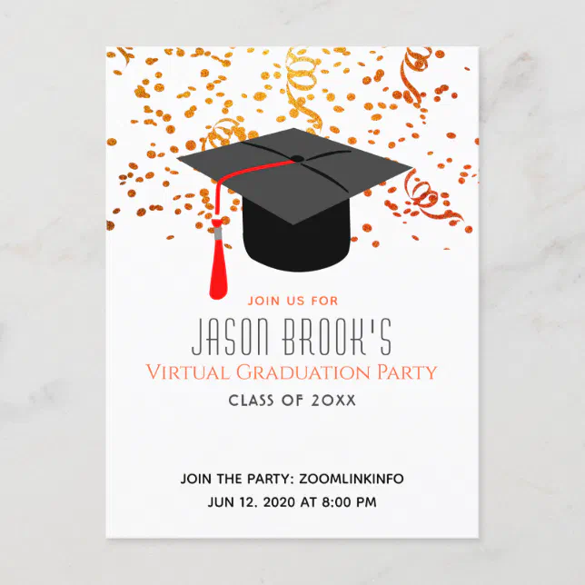 Virtual Graduation Party | Confetti Graduation Cap Invitation Postcard ...