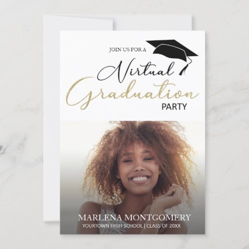 Virtual Graduation Party Gold White Black 2 Photos Invitation