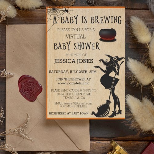 Virtual Halloween Baby is Brewing Shower Witch Invitation