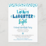 Virtual Hanukkah Party Fun Latkes Laughter Light Invitation Postcard<br><div class="desc">“Latkes, laughter & light.” Just because there’s a pandemic doesn’t mean you still can’t get together for Hanukkah. Fun whimsical handcrafted typography along with a random Star of David pattern in dusty blue, turquoise and teal help you usher in the holiday party season. Celebrate with family and friends online while...</div>