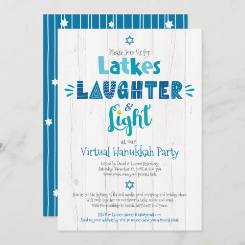 Virtual Hanukkah Party Latke Laughter Light Rustic Invitation