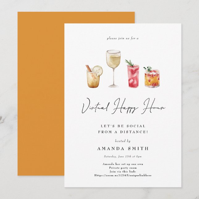 Virtual Happy Hour Cocktail Party Social Distance  Invitation (Front/Back)