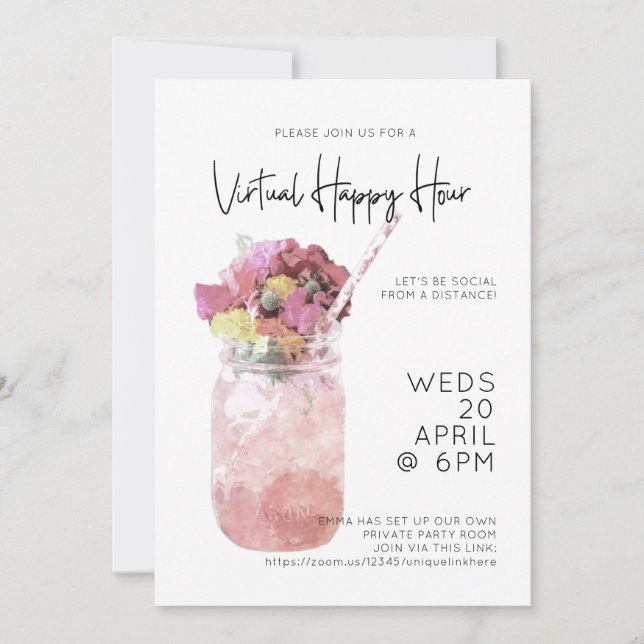 Virtual Happy Hour Party Bright Pink Invitation (Front)