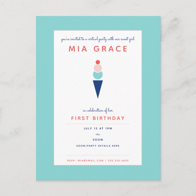 Virtual Kids Birthday Ice Cream Modern Party Aqua Postcard (Front)