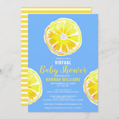Virtual Lemon Watercolor Slices Blue Baby Shower Invitation