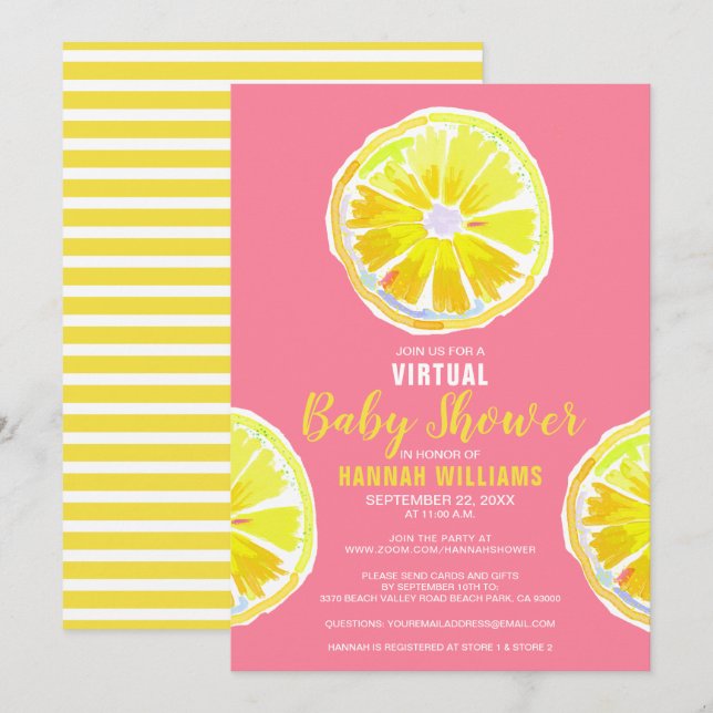 Virtual Lemon Watercolor Slices Pink Baby Shower Invitation (Front/Back)