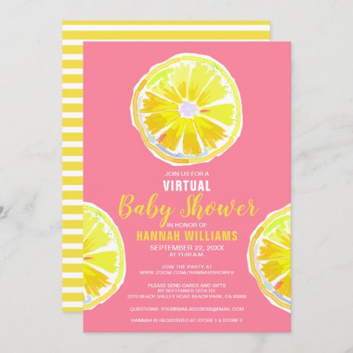 Virtual Lemon Watercolor Slices Pink Baby Shower Invitation