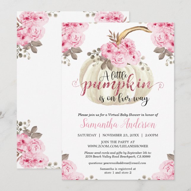 Virtual Little Pumpkin Pink Floral Baby Shower Invitation (Front/Back)