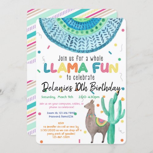 Virtual Llama Theme Birthday Party Invitation