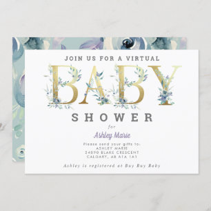 Virtual Long distance Blue Flowers Baby Shower Invitation