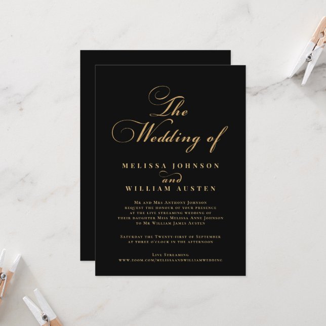 Virtual Modern Black Gold Typography Wedding Invitation Zazzle
