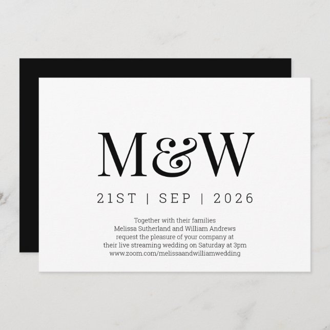 Virtual Modern Black White Monogram Wedding Invitation (Front/Back)