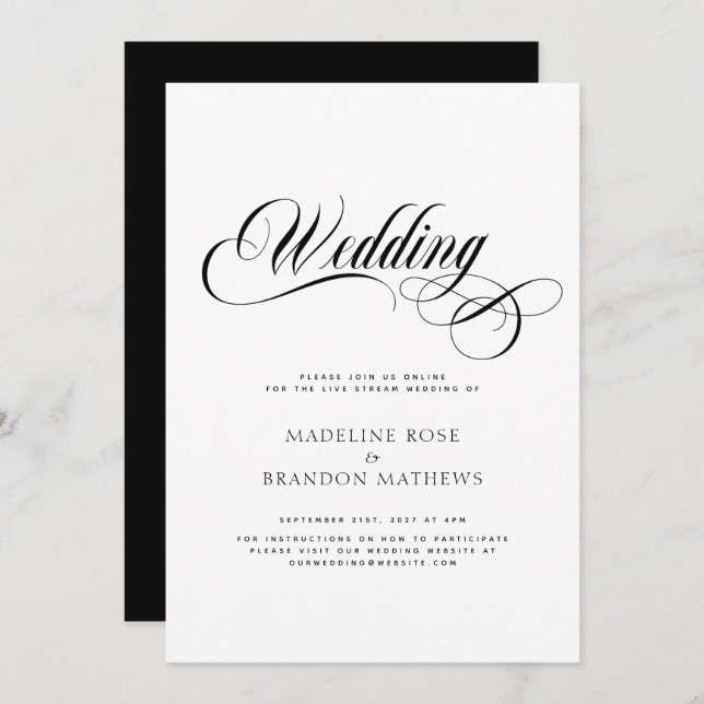 Virtual Modern Black & White Wedding Invitation (Front/Back)