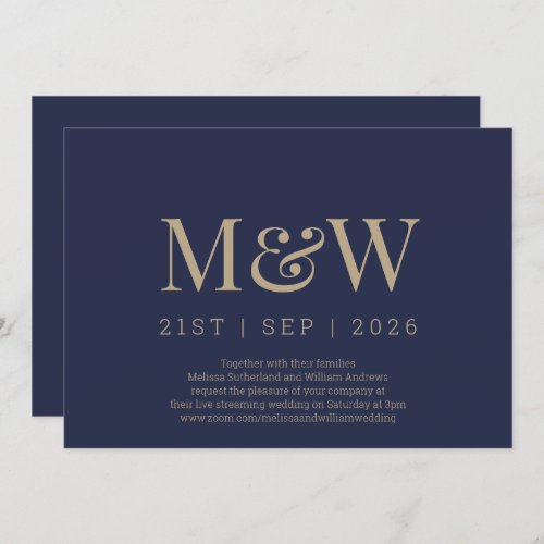 Virtual Modern Navy Gold Monogram Wedding Invitation