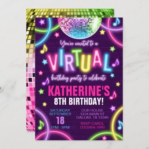 Virtual Neon Glow in the Dark Birthday Invitation
