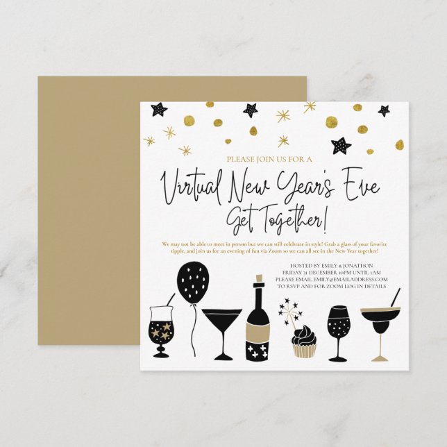 Virtual New Years Eve Party Cocktails Gold Black Invitation (Front/Back)