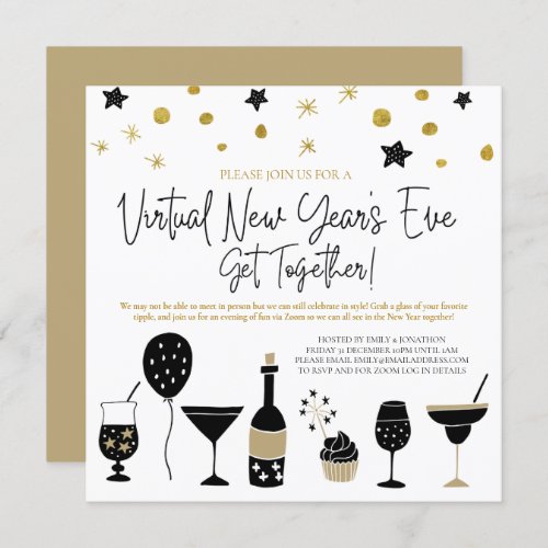 Virtual New Years Eve Party Cocktails Gold Black Invitation