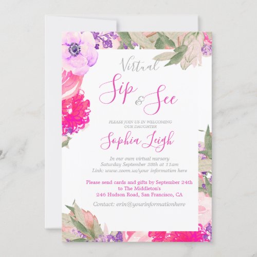 Virtual Nursery Sip and See Baby Floral Roses Pink Invitation