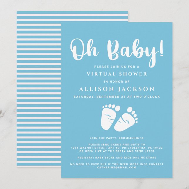 Virtual Oh Baby Boy Shower Baby Feet Blue White Invitation (Front/Back)
