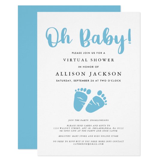 Virtual Oh Baby Boy Shower Blue Baby Feet Simple Invitation