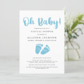 Virtual Oh Baby Boy Shower | Blue Baby Feet Simple Invitation (Standing Front)