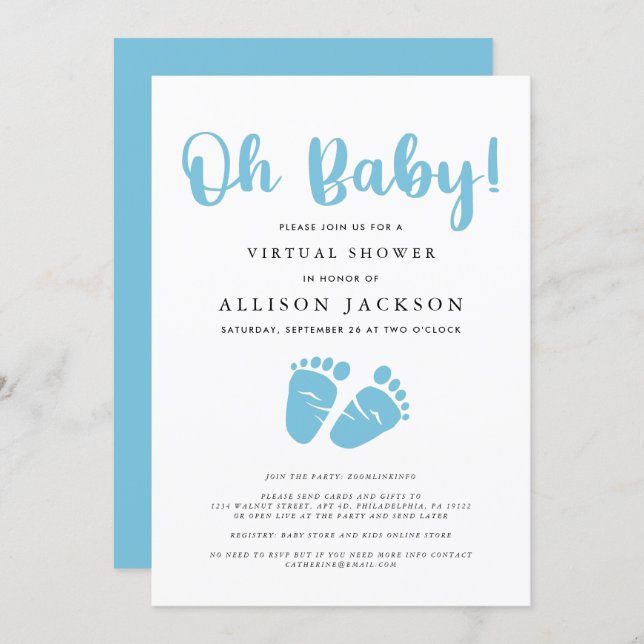 Virtual Oh Baby Boy Shower | Blue Baby Feet Simple Invitation (Front/Back)