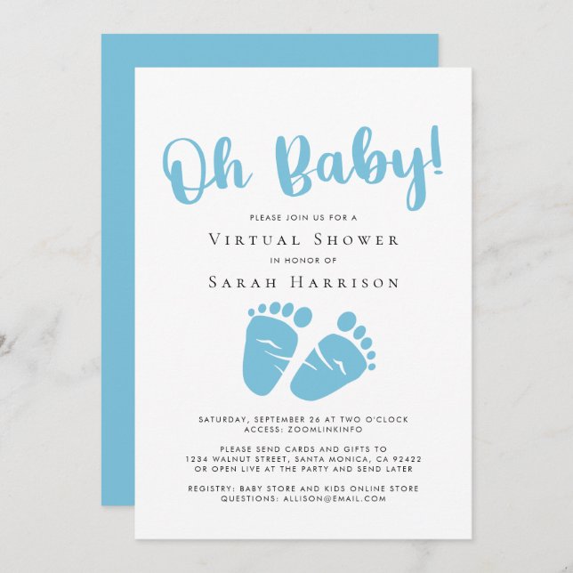 Virtual Oh Baby Boy Shower Blue Feet Invitation (Front/Back)
