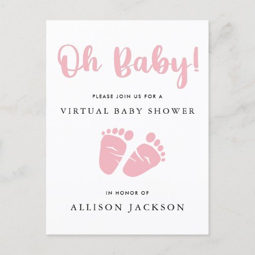 Virtual Oh Baby Pink Baby Feet Girl Baby Shower Invitation Postcard