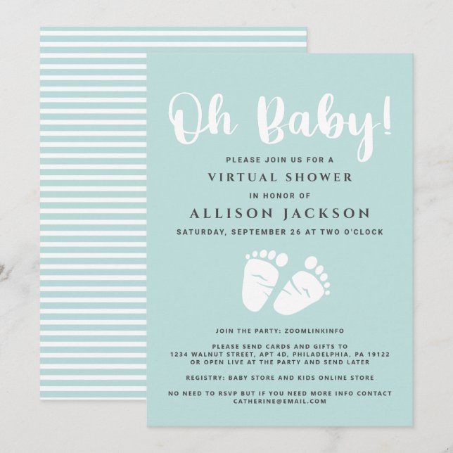 Virtual Oh Baby Shower Baby Feet Light Mint White Invitation (Front/Back)