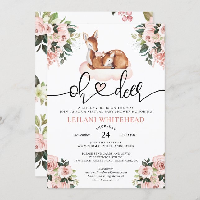 Virtual Oh Deer Baby Shower Watercolor Floral Invitation (Front/Back)
