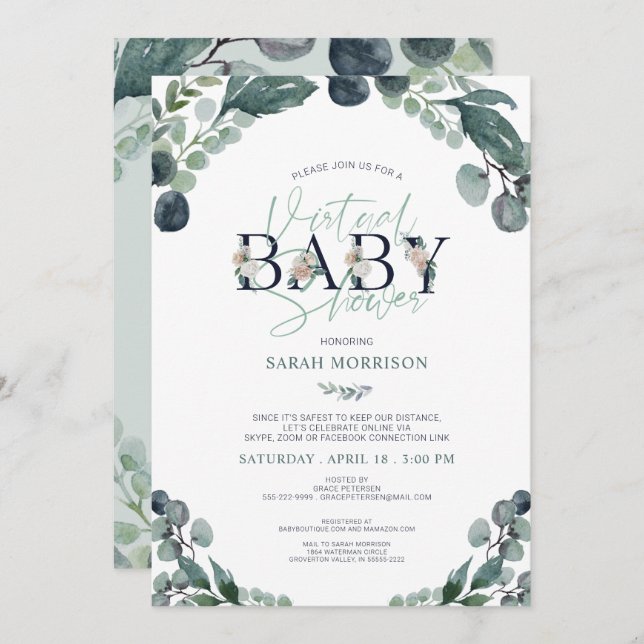 Virtual Online Baby Shower Navy Blue Sage Greenery Invitation (Front/Back)