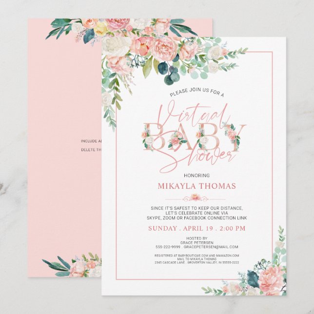 Virtual Online Baby Shower Rose Gold Pink Floral Invitation (Front/Back)